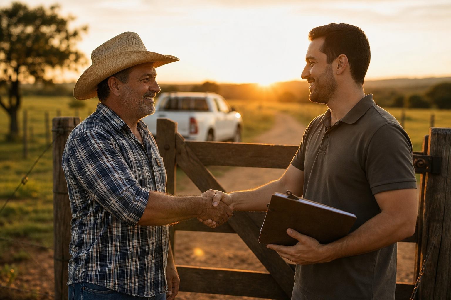 Produtor rural e engenheiro se cumprimentando na porteira da fazenda ao entardecer