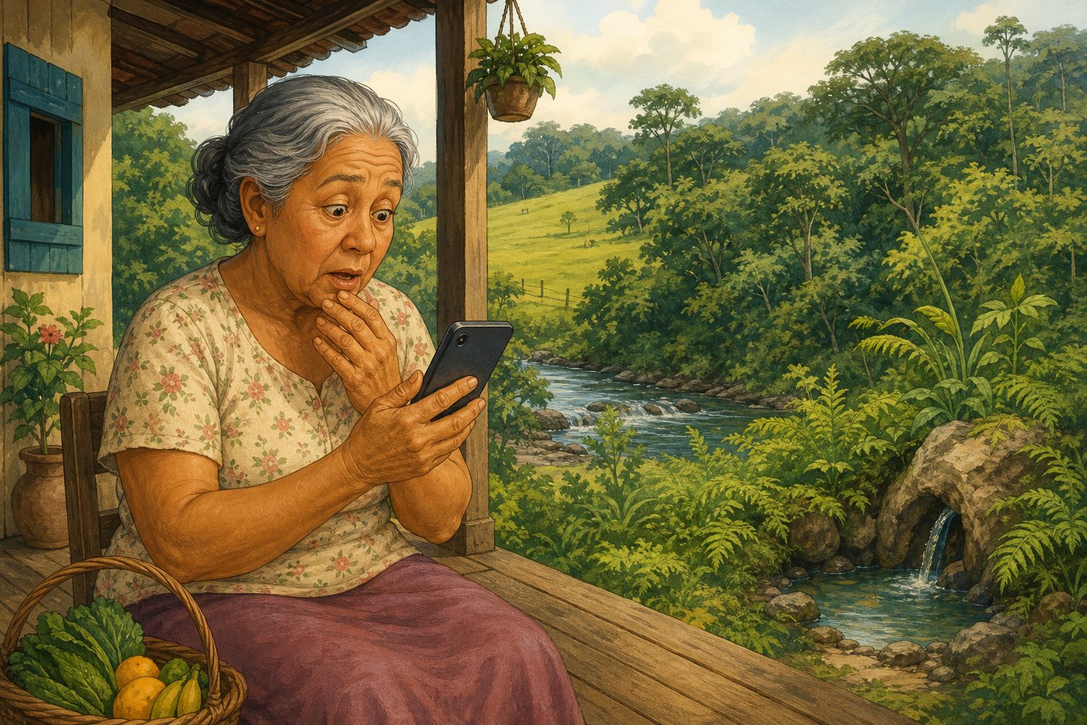 Ilustração: uma produtora rural na varanda do sítio olha surpresa para o celular, com o rio e a nascente ao fundo