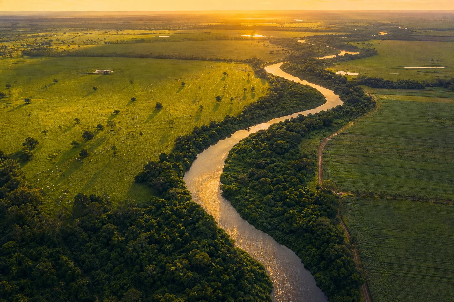 Vista aérea de propriedade rural com rio, mata ciliar e pastagens
