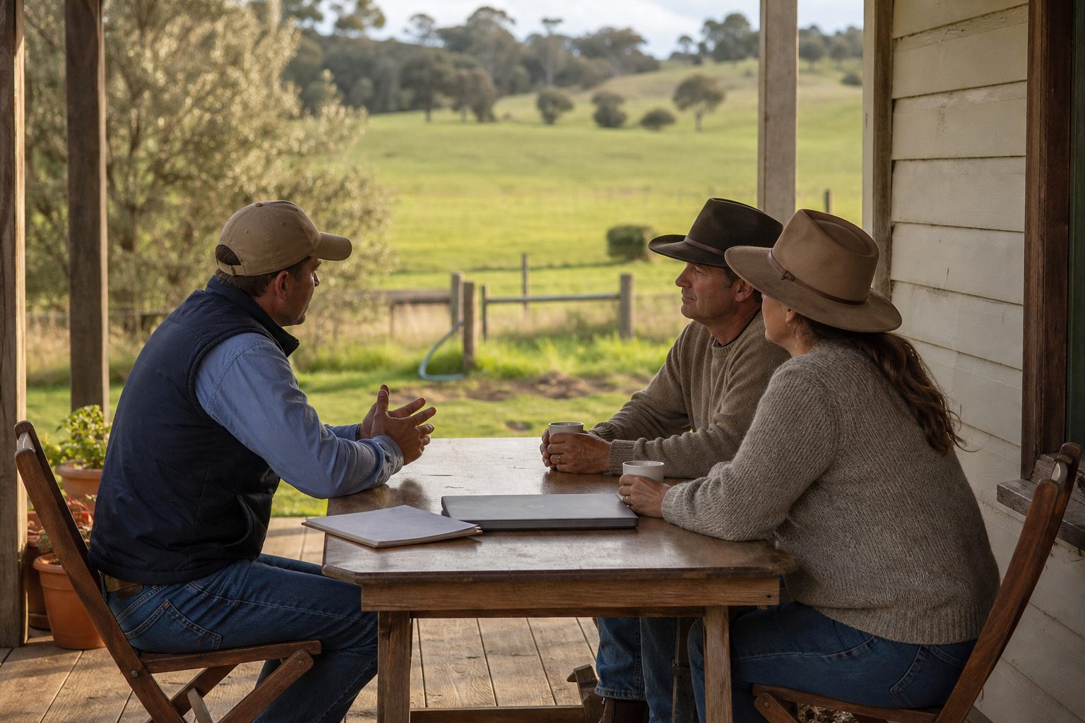 Técnico e casal de produtores conversando à mesa, na varanda da casa da fazenda