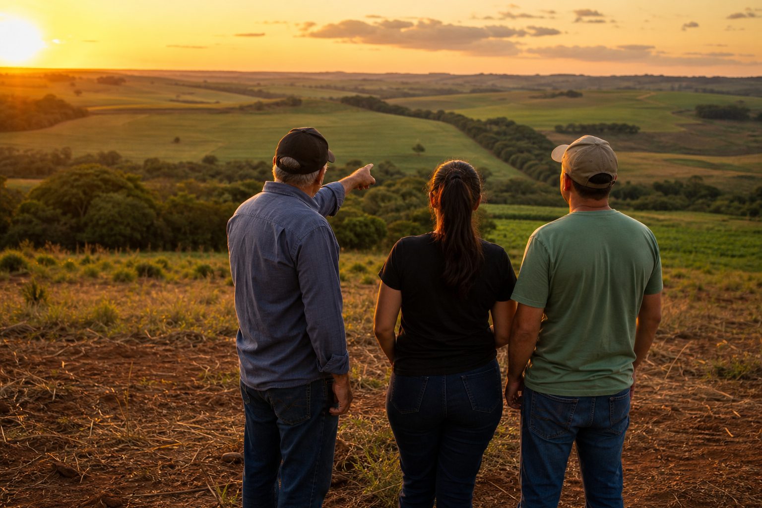 Família olhando a fazenda do alto de um morro, ao entardecer, apontando a linha de árvores que cruza a terra