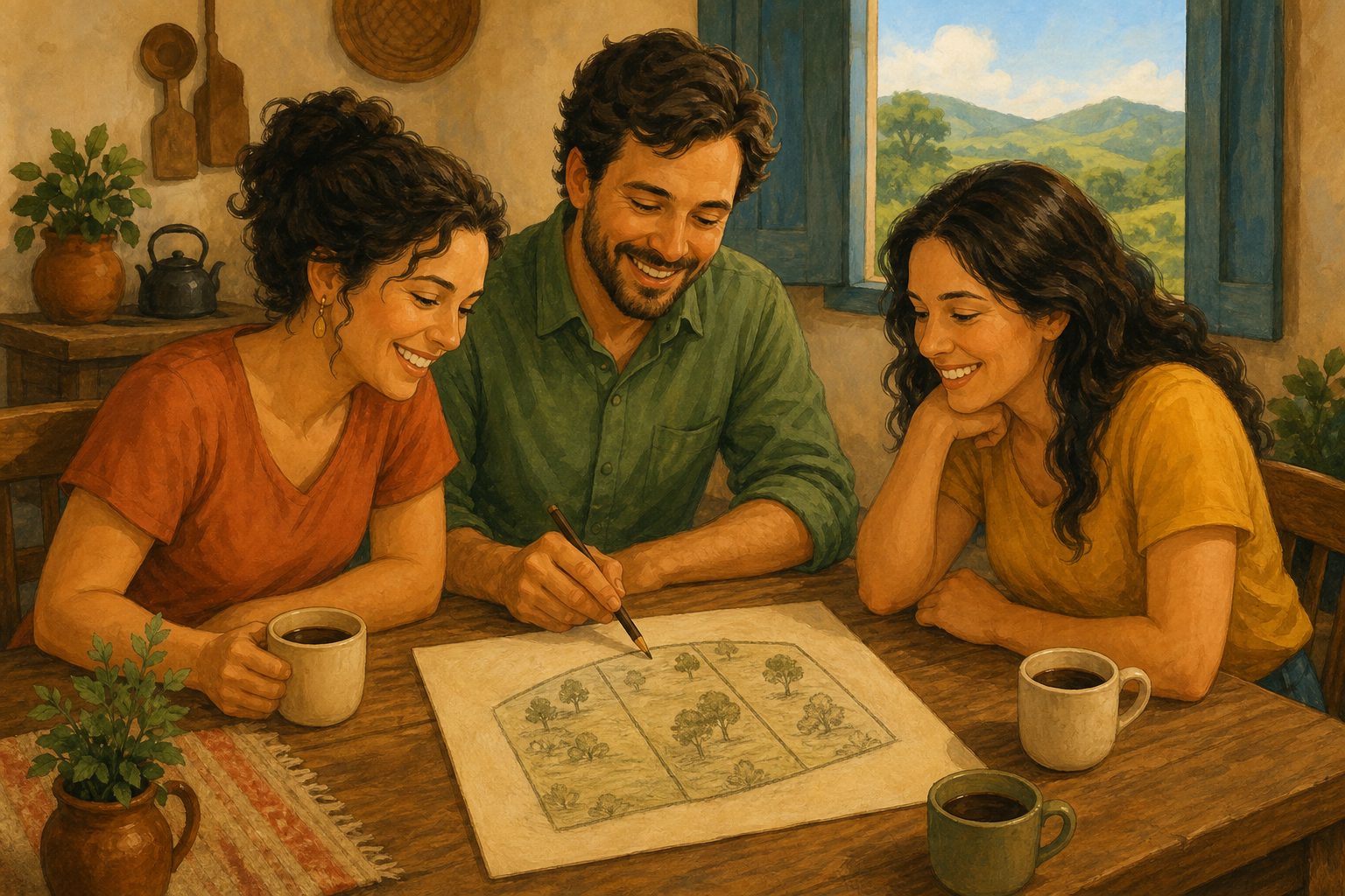 Ilustração: três irmãos à mesa da cozinha, sorrindo, olham um croqui do sítio dividido em três partes