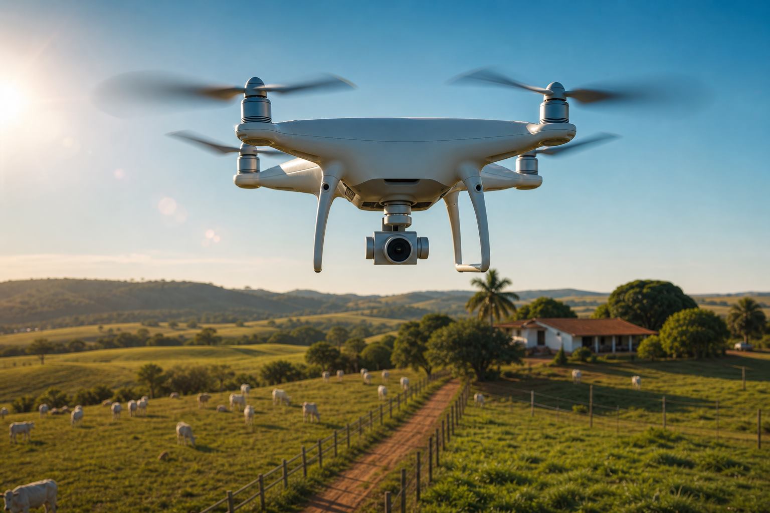 Drone de aerolevantamento sobrevoando fazenda brasileira