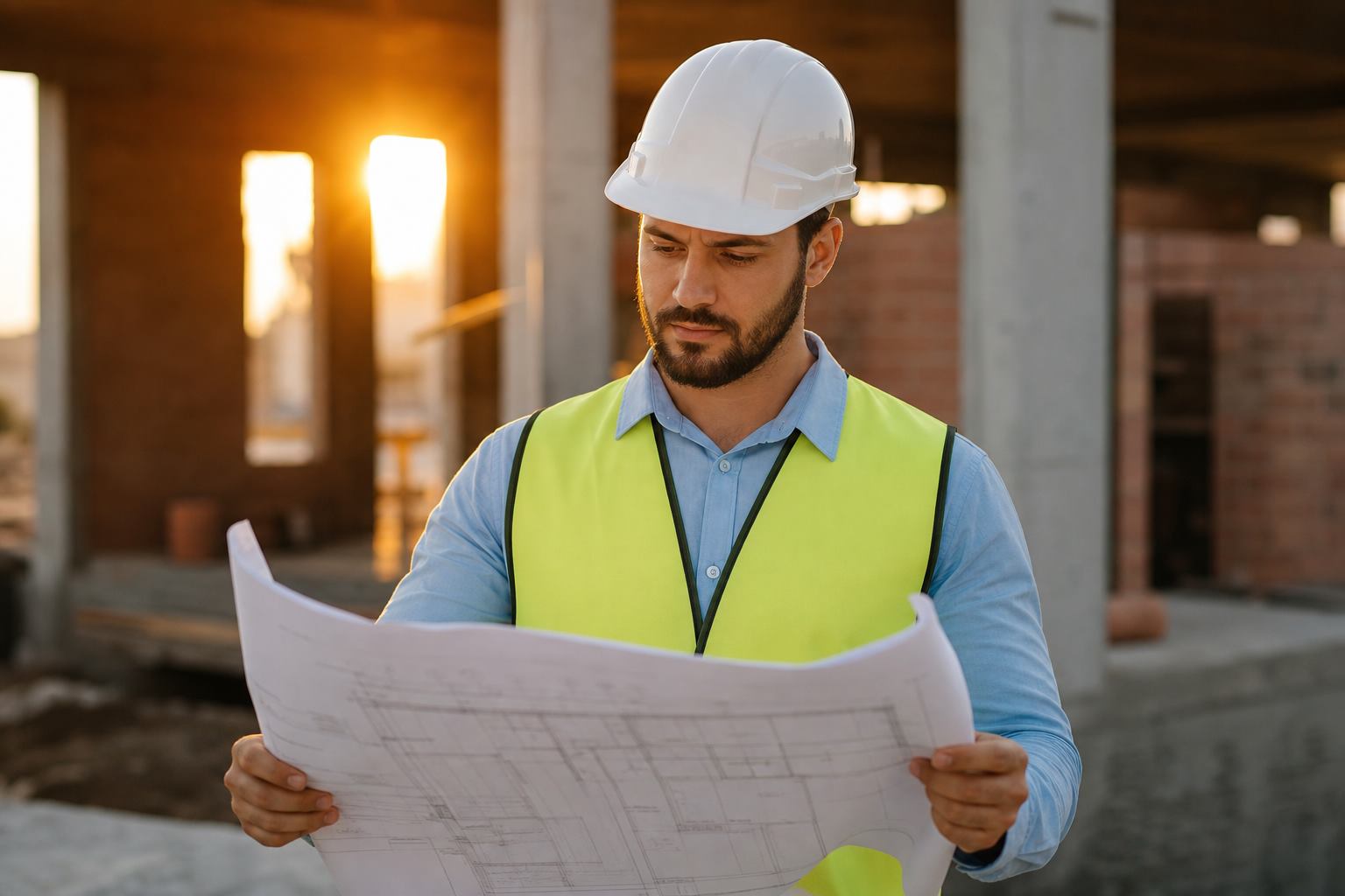 Engenheiro conferindo a planta do terreno na obra