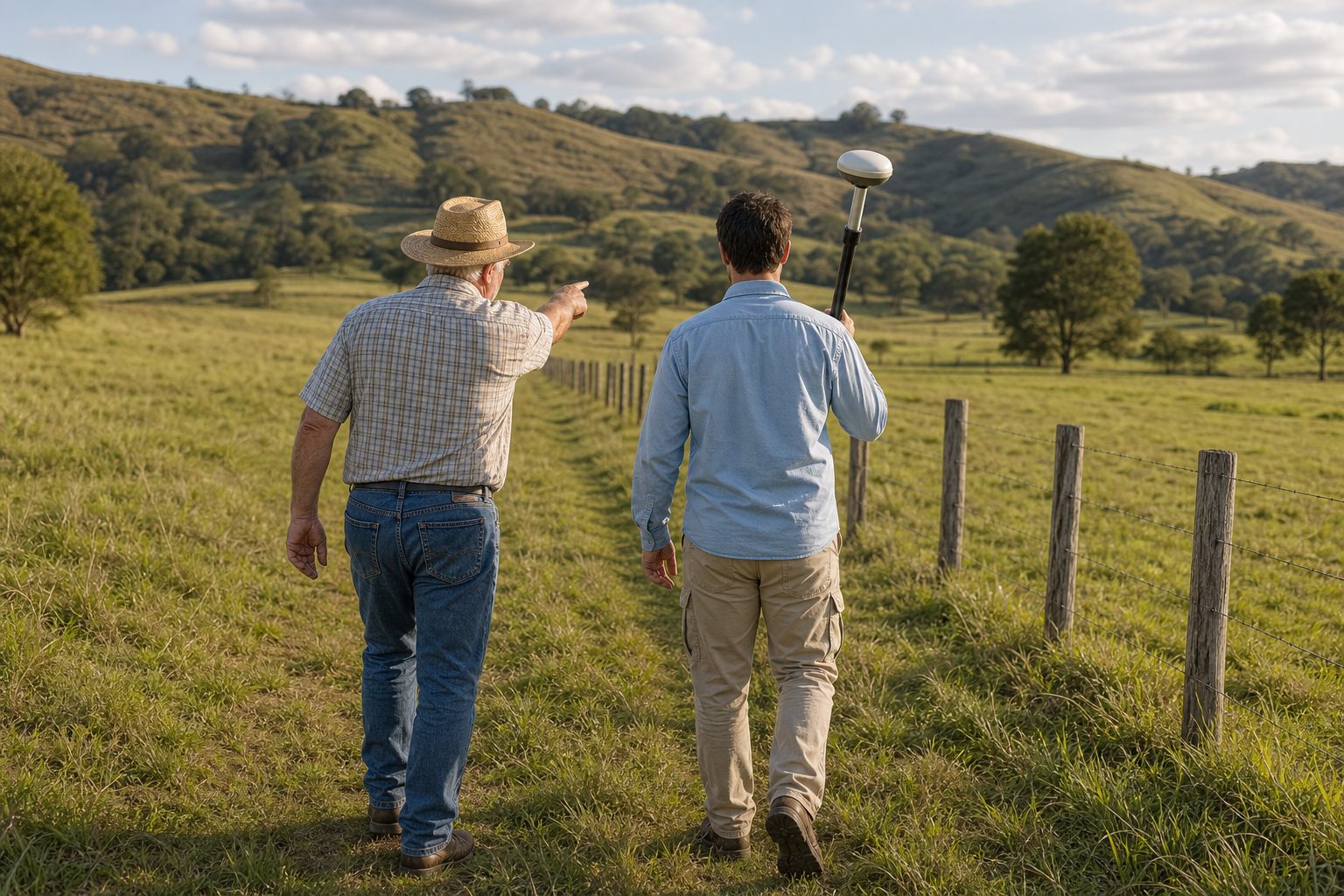 Produtor rural e técnico caminhando ao longo da cerca da divisa, com o receptor GNSS no bastão