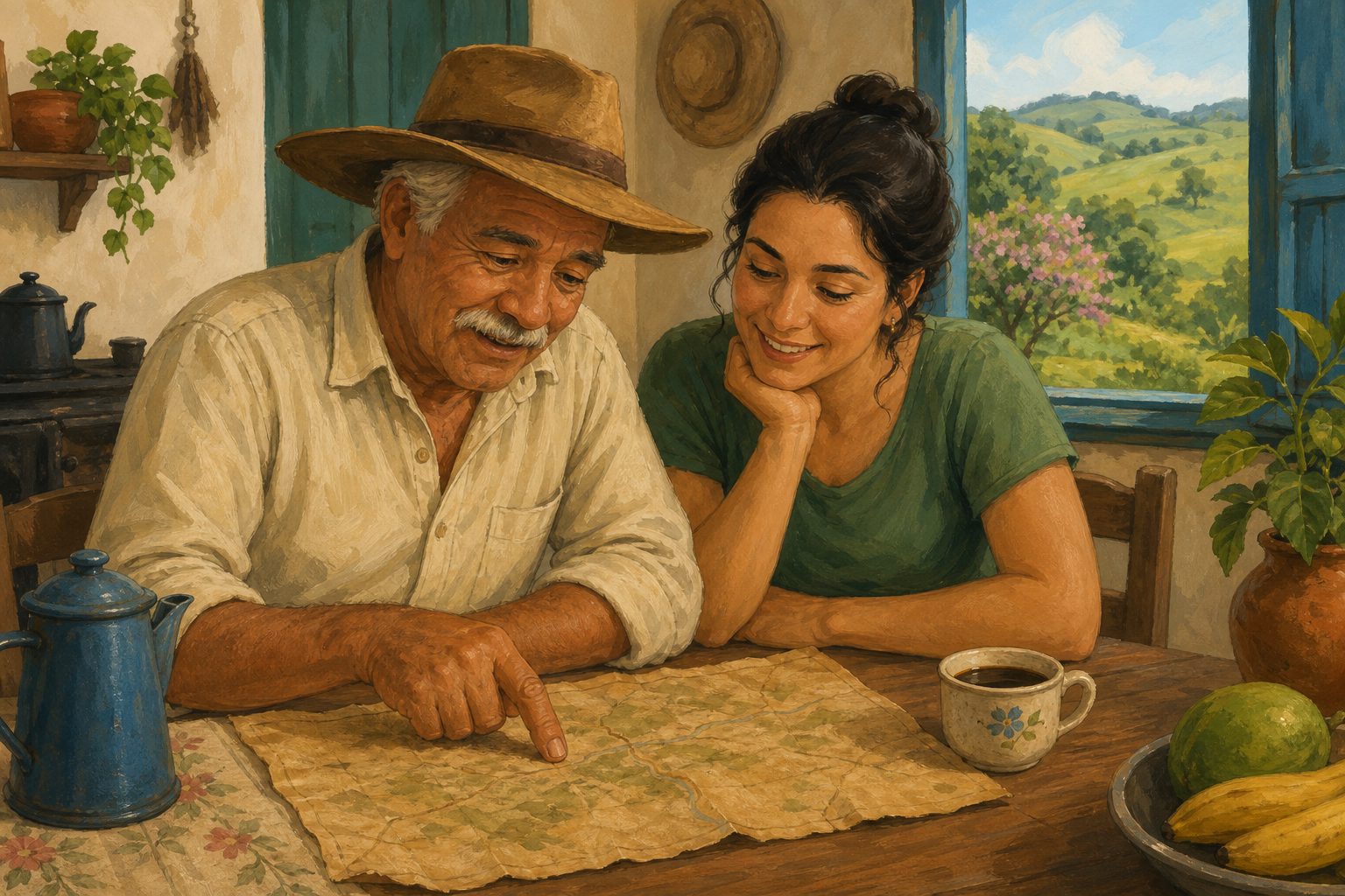 Ilustração: um produtor rural e a filha olham um mapa antigo do sítio na mesa da cozinha