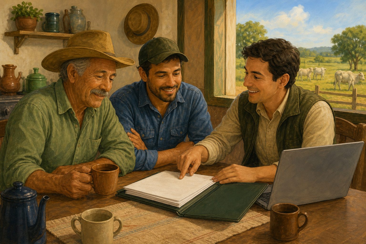 Ilustração: um produtor rural e o filho à mesa da cozinha, com papéis e um notebook, ouvem o técnico explicar