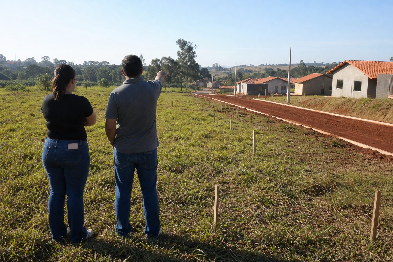 Casal de costas num lote vazio, à beira de uma rua de terra recém-aberta, olhando os outros lotes marcados por estacas