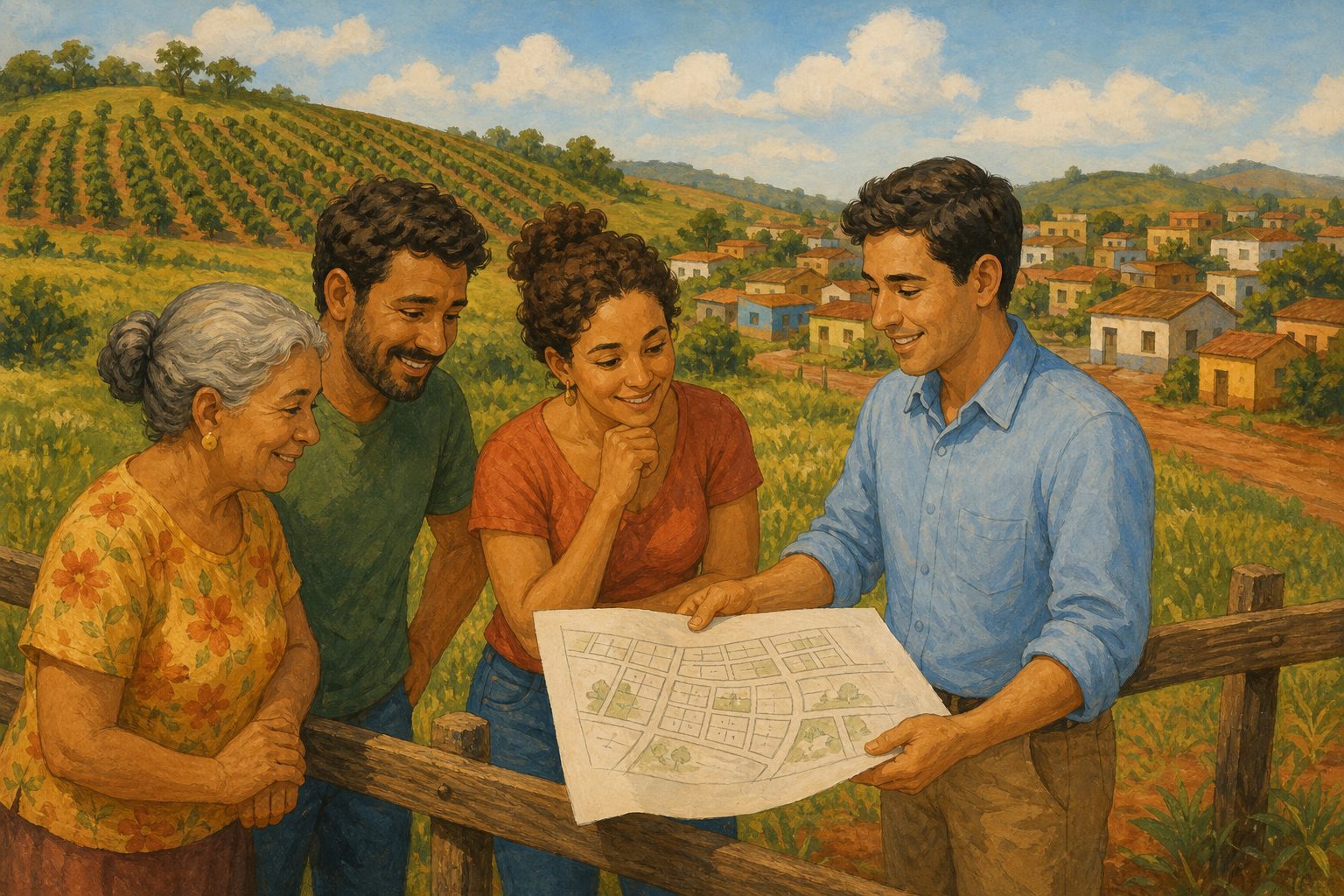 Ilustração: uma senhora e os dois filhos, na cerca de um cafezal ao lado das primeiras casas da cidade, olham com o técnico um croqui de ruas e quadras