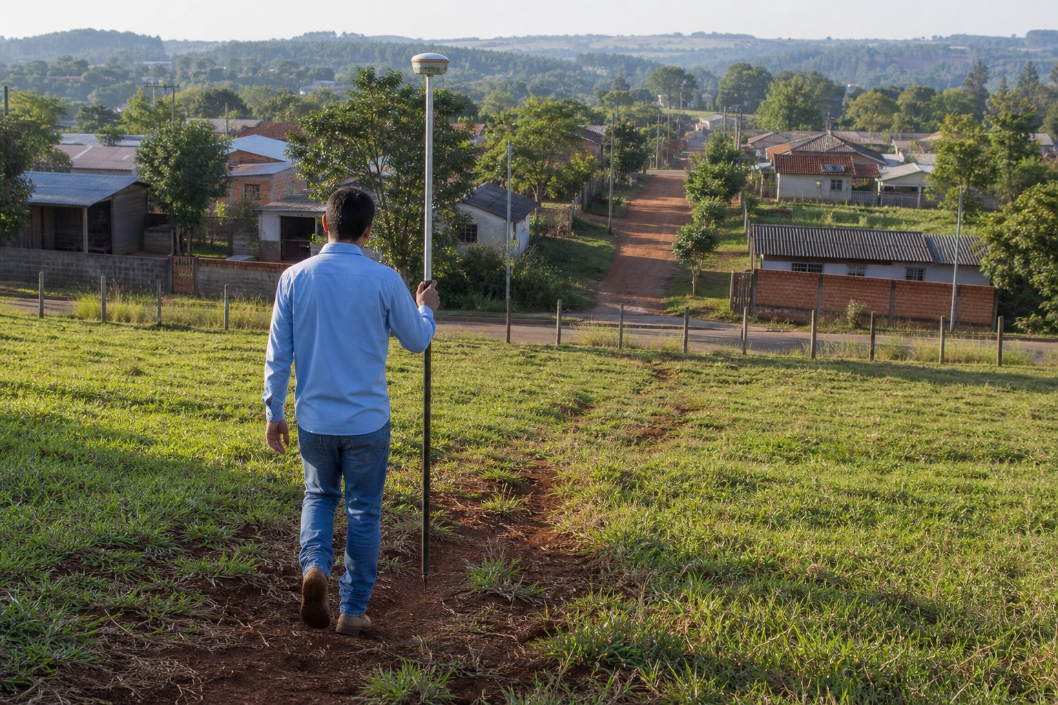 Técnico de costas atravessando com o receptor GNSS um pasto em declive, com as primeiras casas da cidade ao fundo
