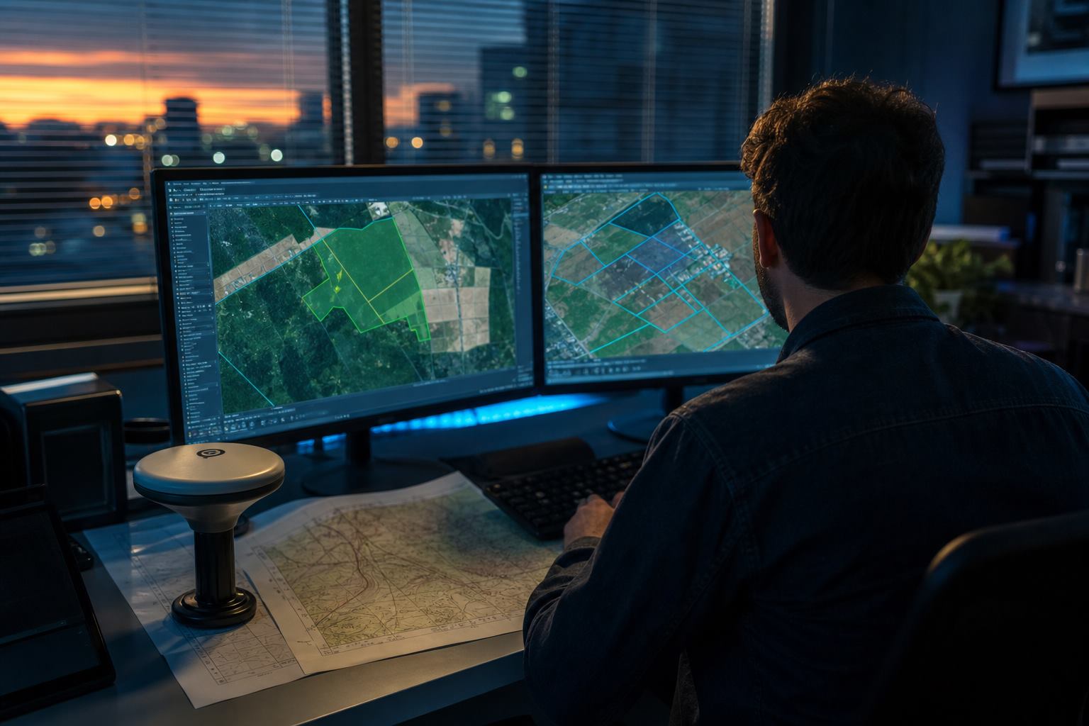 Engenheiro processando mapa de polígonos em plataforma GIS