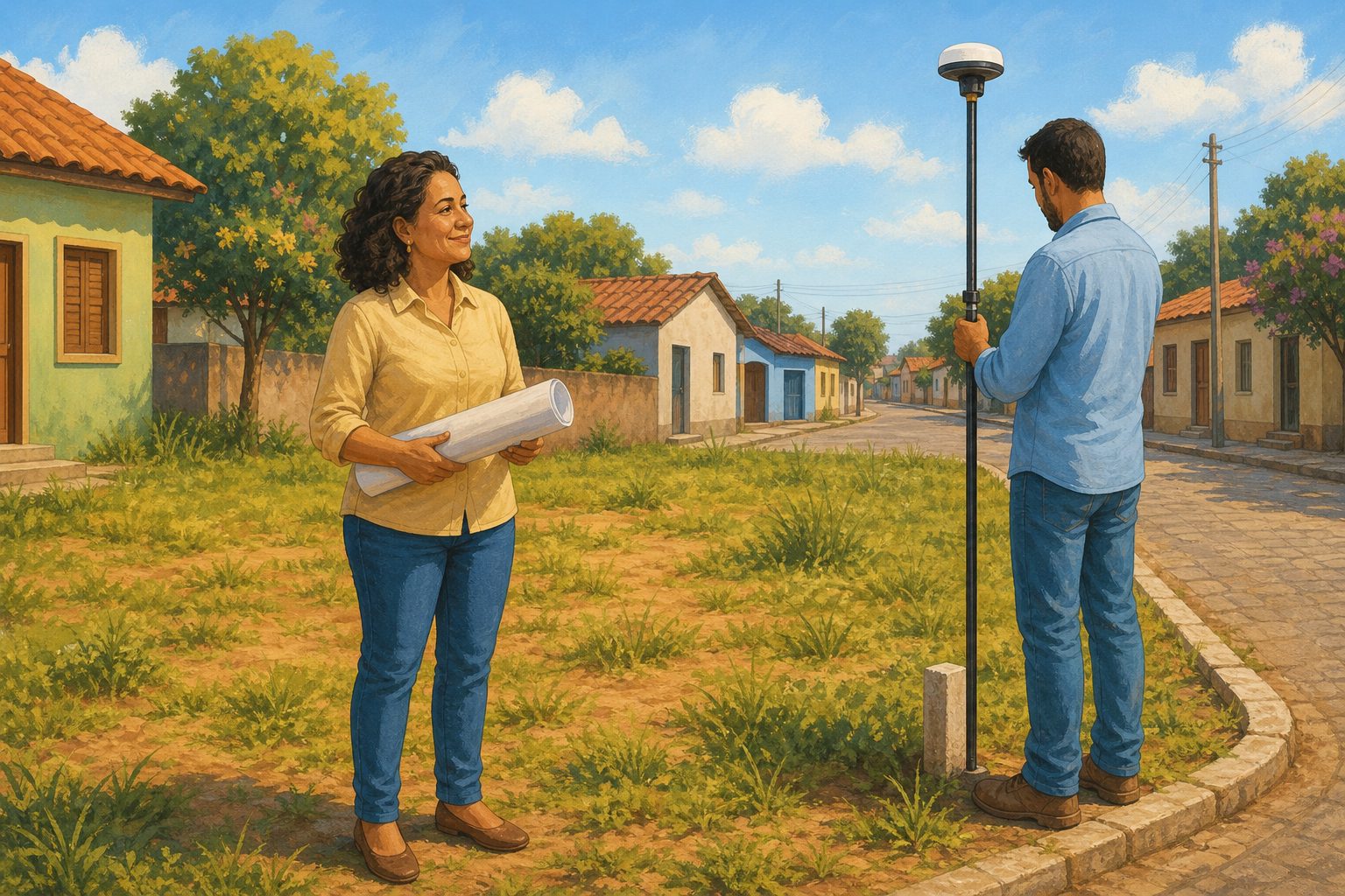 Ilustração: uma moradora segura uma planta enrolada num lote vazio enquanto o técnico mede um canto com o receptor GNSS