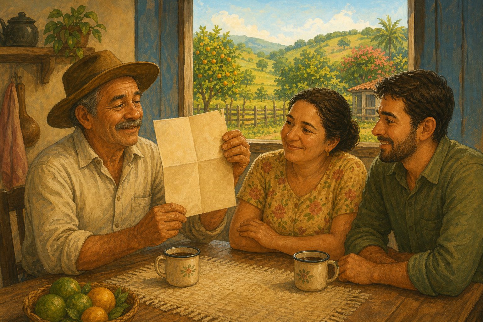 Ilustração: na mesa da cozinha do sítio, um produtor rural mostra um papel antigo à esposa e ao filho