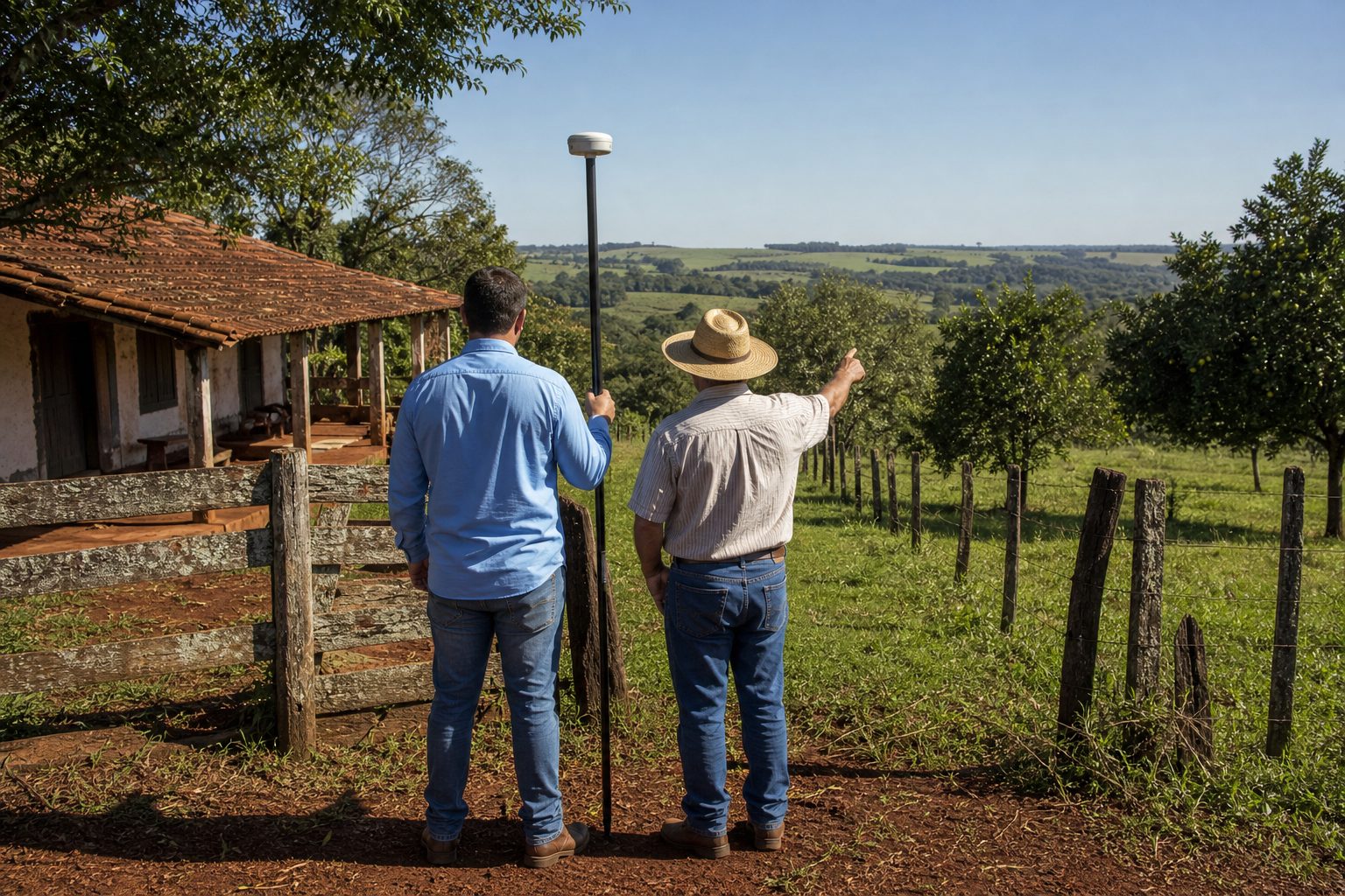 Técnico de costas, com o receptor GNSS no bastão, no canto da cerca ao lado de uma casa antiga de sítio, enquanto o produtor aponta a divisa
