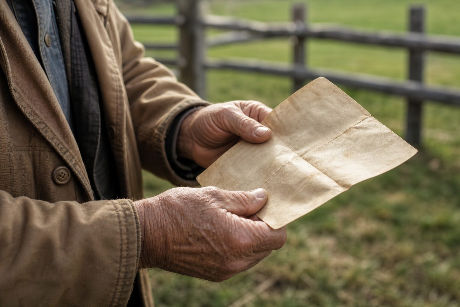 Mãos de um produtor rural segurando um papel antigo, dobrado e amarelado, com a cerca e o pasto fora de foco ao fundo